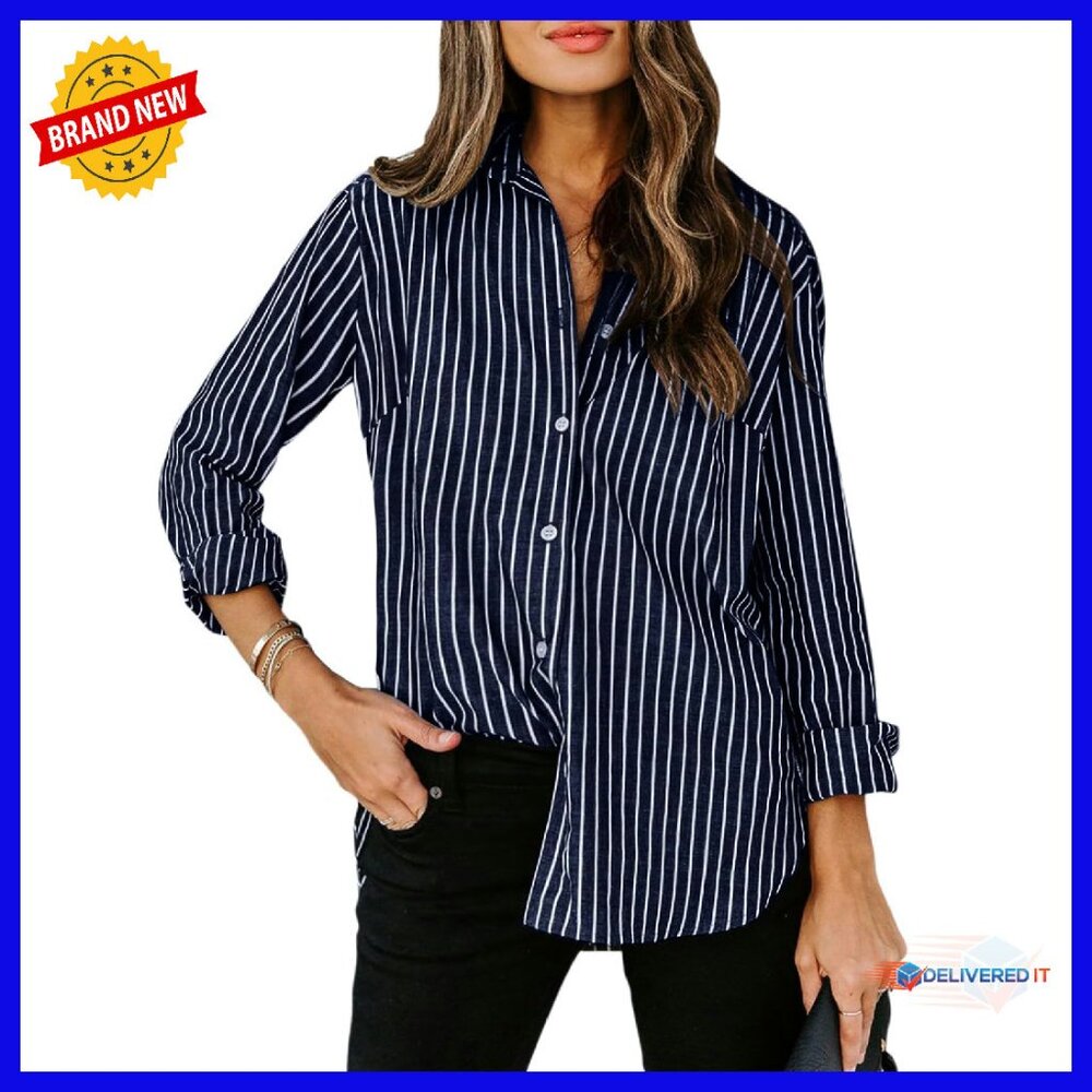 Women's Long Sleeve Button Down Shirt Cotton Striped Office Blouse